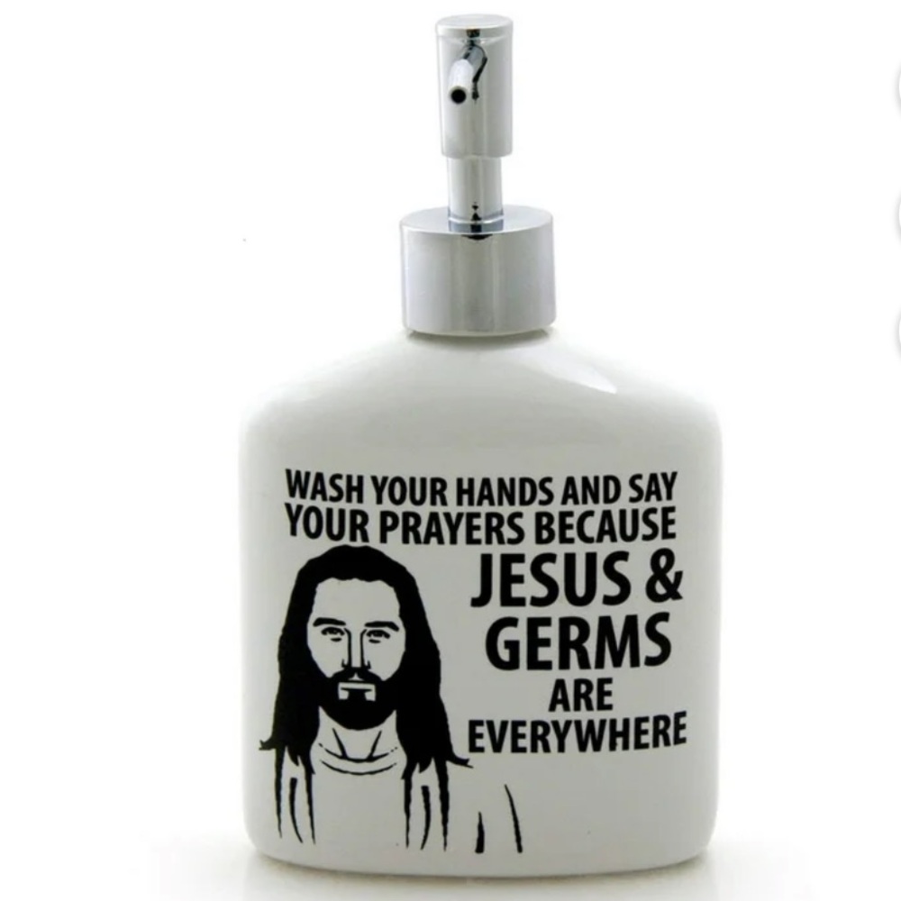 New in box! OUR name is mud “Jesus & germs” White Soap Dispenser with funny Text